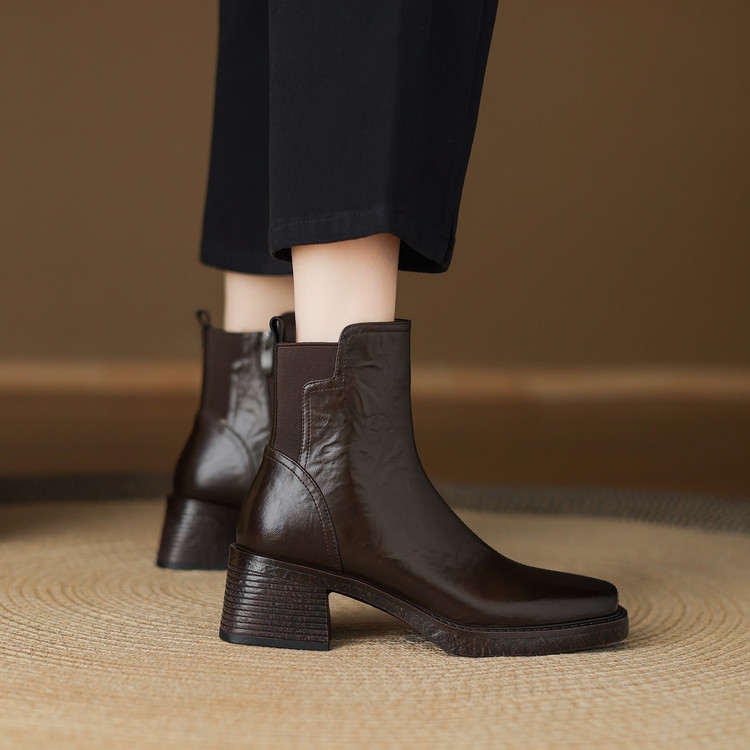 圆头粗跟短筒时装靴百搭2025年单靴显瘦时尚小个子牛皮真皮复古