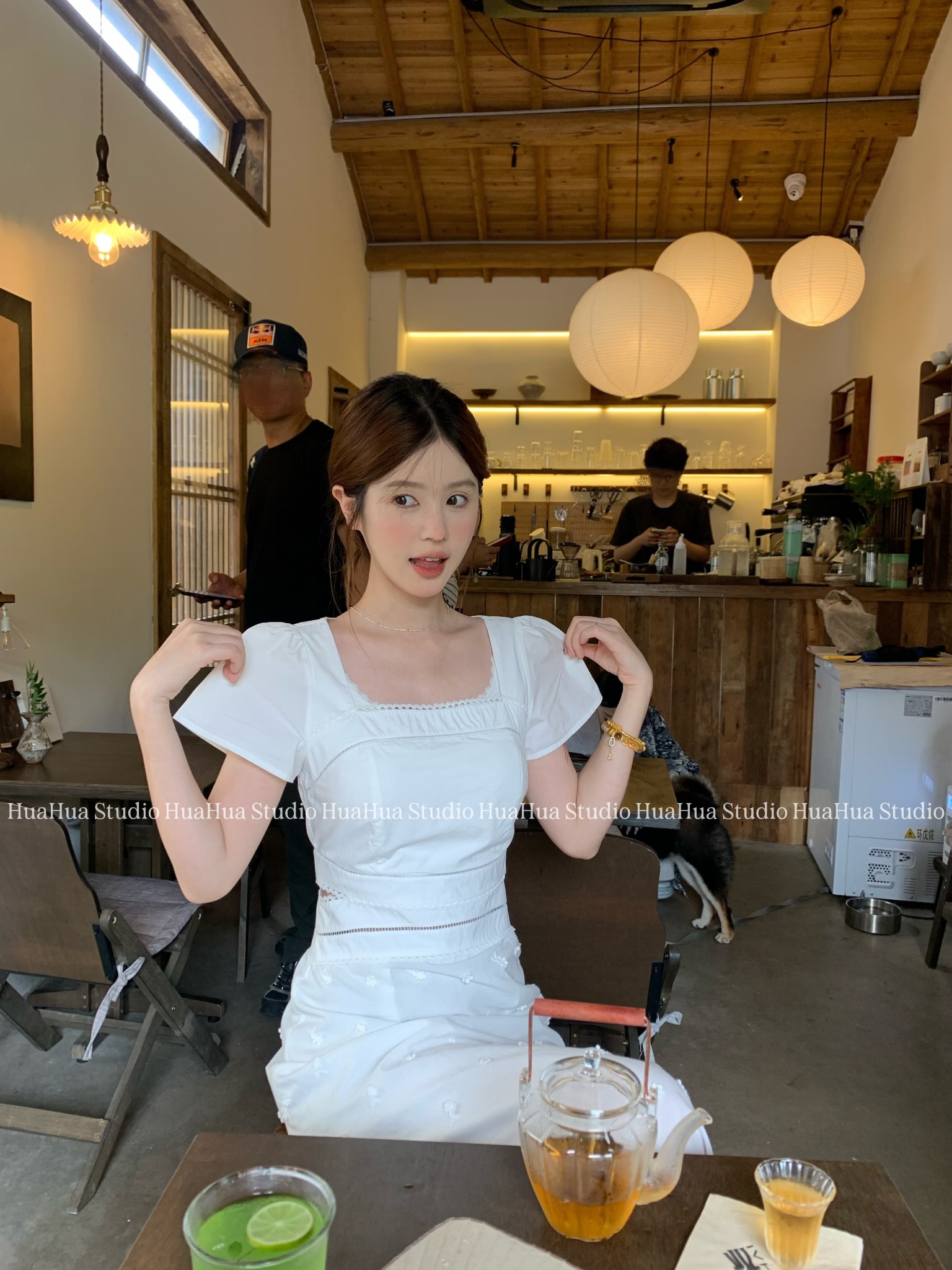 【花花】白塔玫瑰~100棉韩系花边拼接设计感收腰镂空A字连衣裙