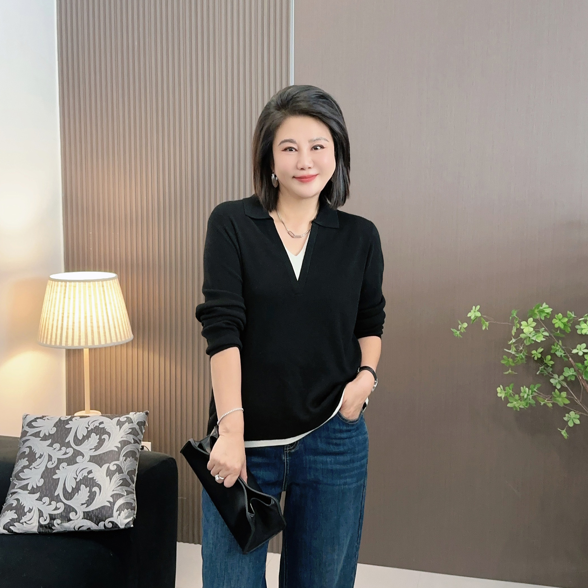 微胖女装【优等代表】绵羊毛Polo领假两件老钱风针织衫毛衣77067