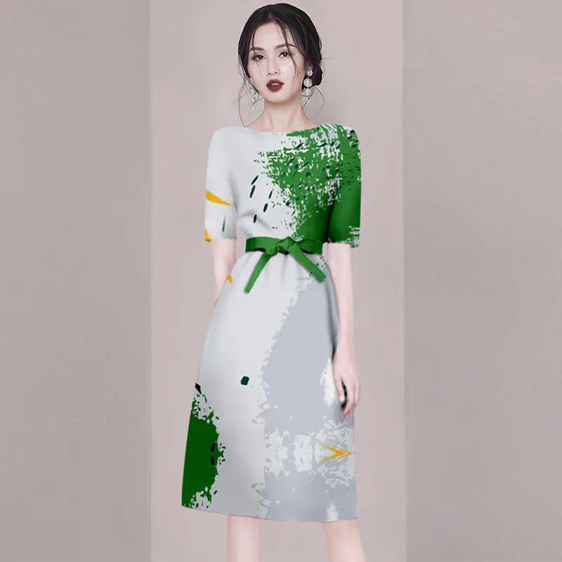 2025夏新款设计感小众法式连衣裙女短袖印花色系带中长裙