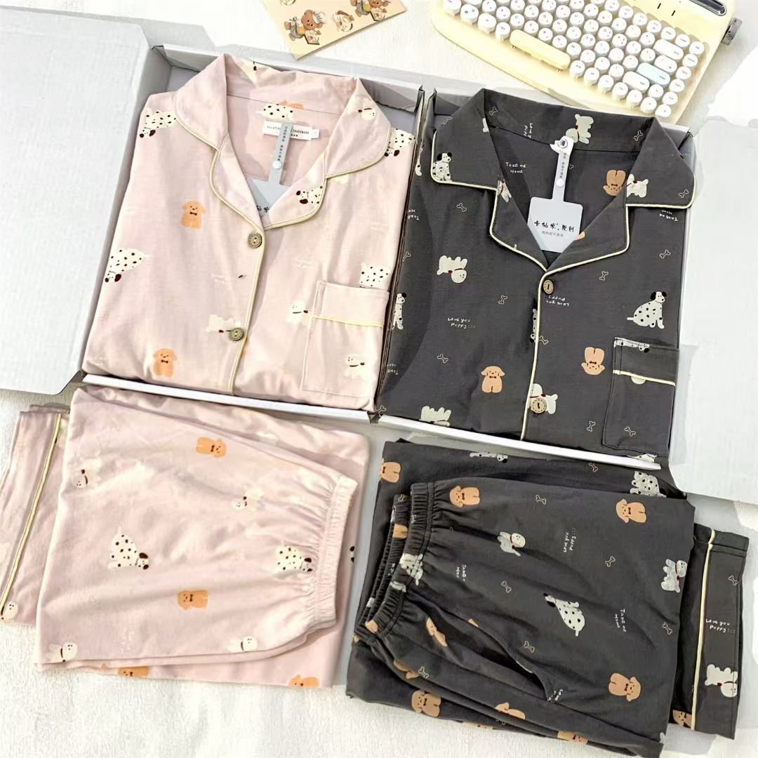 【修修狗情侣装】秋款纯棉长袖睡衣女可爱开衫情侣家居服套装带口袋