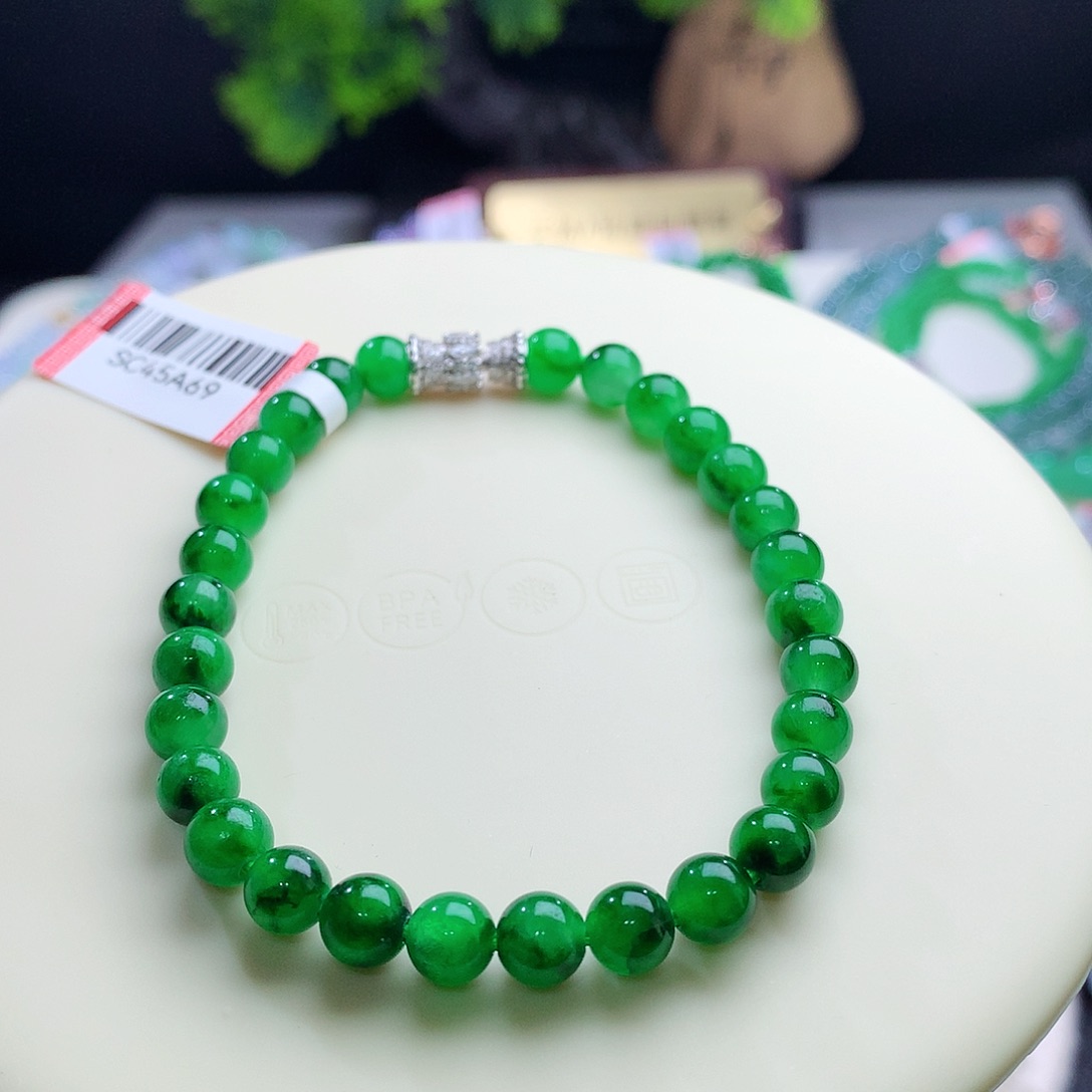 未镶嵌手串翡翠卡6+mm冰阳绿飘辣色花