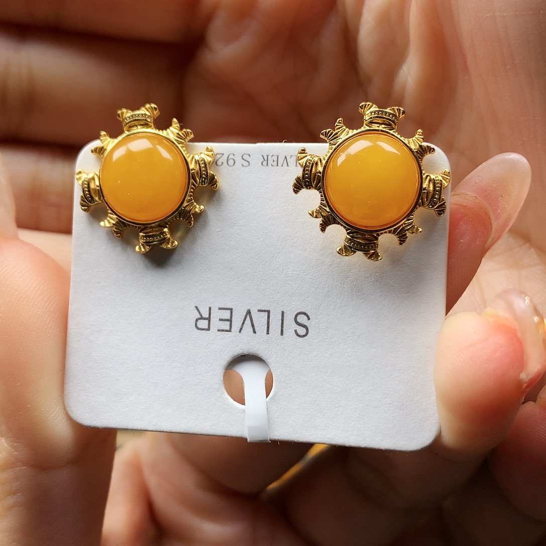 蜜蜡耳饰银S925镶嵌耳钉