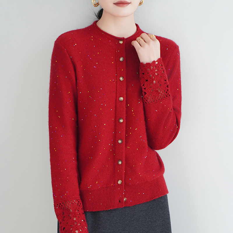 秋冬100%纯羊毛半高领珠片袖口钩花针织开衫时尚减龄大码百搭开衫