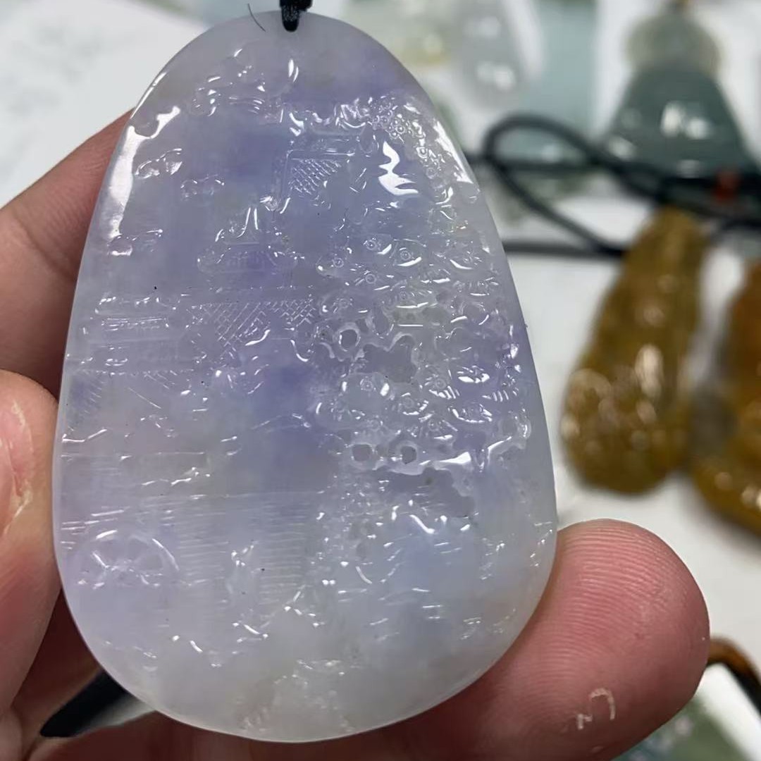 天然冰润高冰种双面雕刻山水牌缅甸A货翡翠吊坠