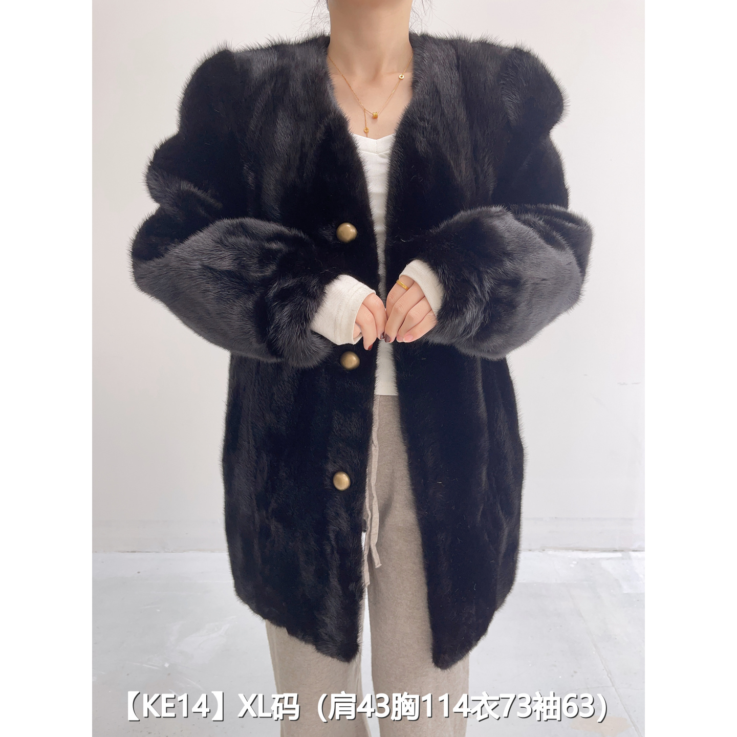 【KE14】XL 本黑色短款逆毛貂皮大衣外套女 V领泡泡袖 29014