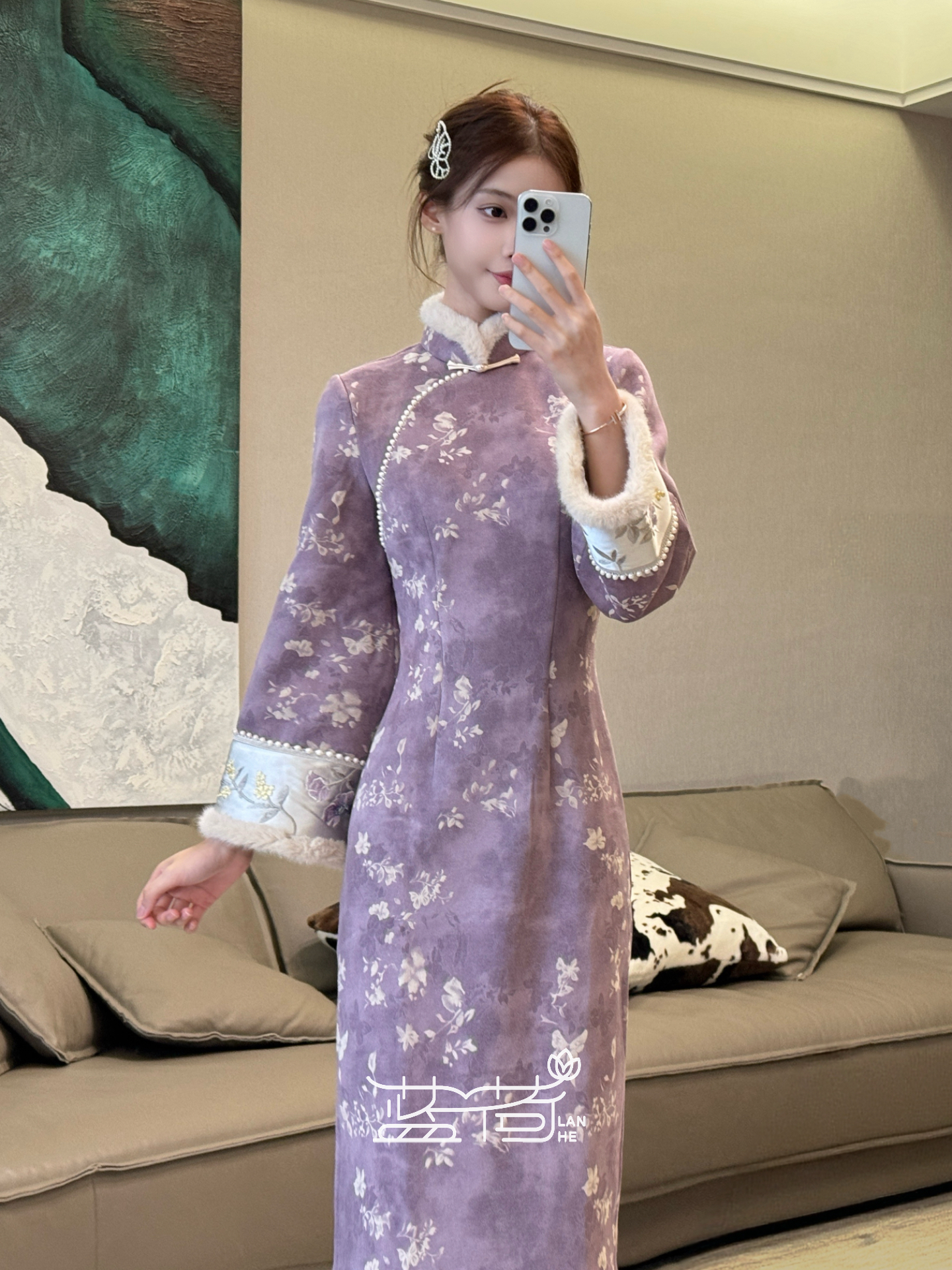 蓝荷【紫烟】新中式显白冬季加绒旗袍秋冬修身保暖显瘦裙长120