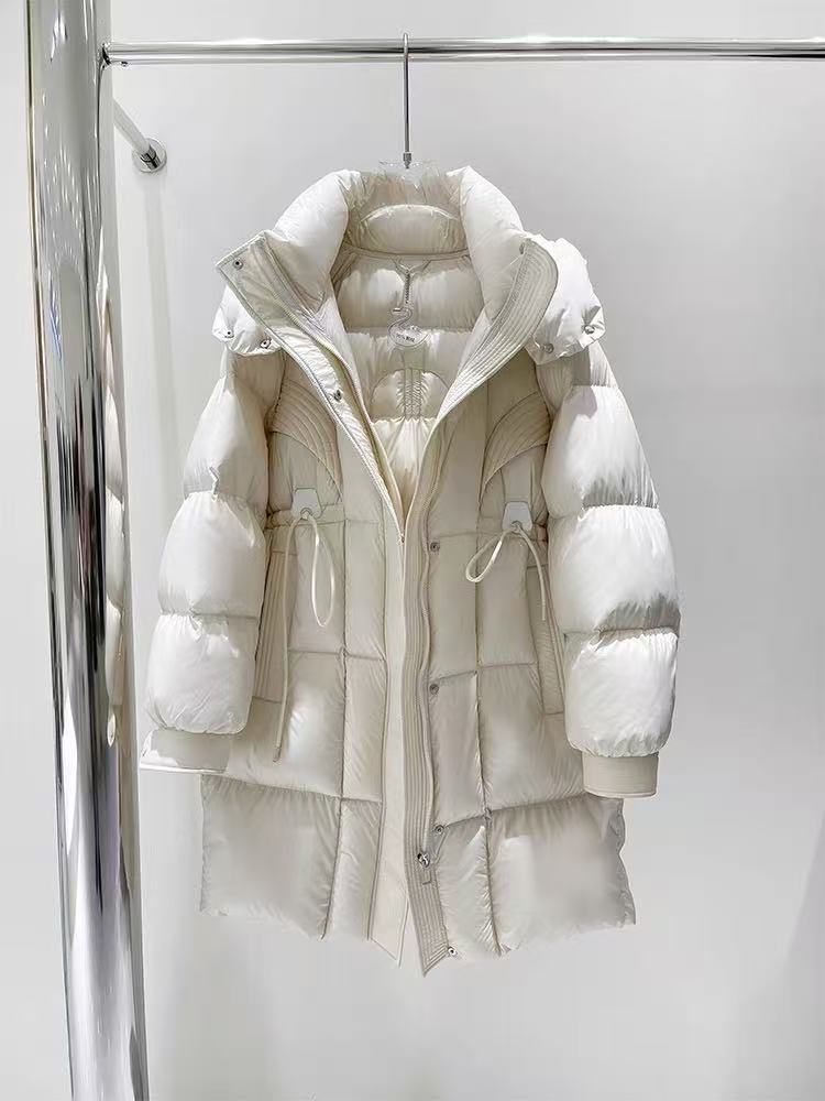 026#  新国标 90白鹅绒 轻奢抽绳收腰中长款冬季羽绒服外套
