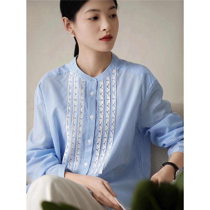 优雅浪漫~ 呼吸感铜氨纤维混纺 敲显瘦 镂空刺绣花边蓝色条纹衬衫
