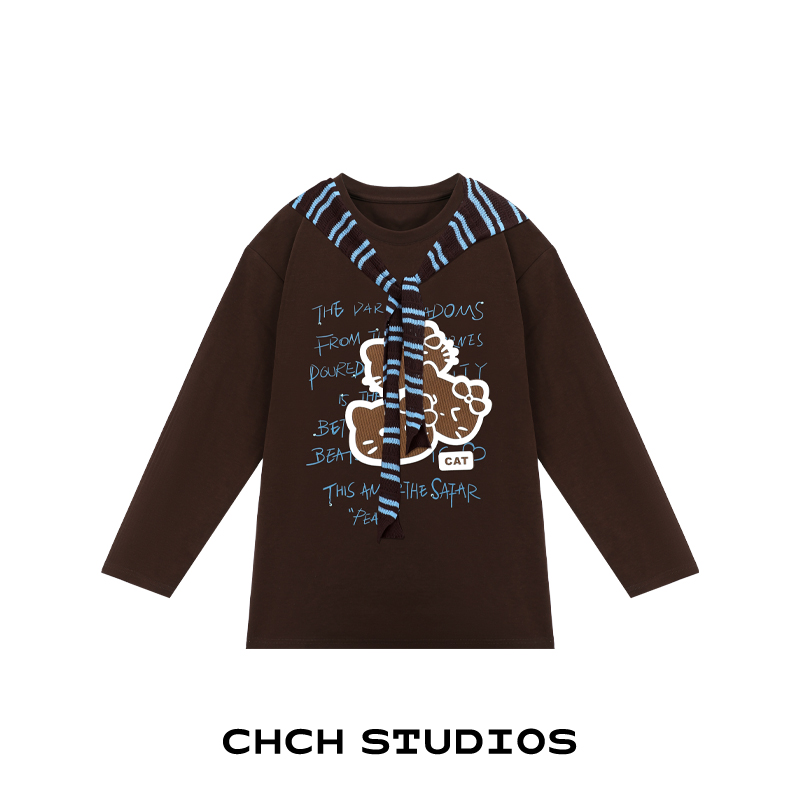 RATX73388秋冬时尚休闲披肩T恤女宽松显瘦卡通猫猫印花长袖卫衣