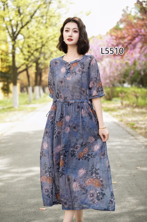 文艺碎花夏季文艺复古苎麻连衣裙复古女装长裙气质旗袍大码