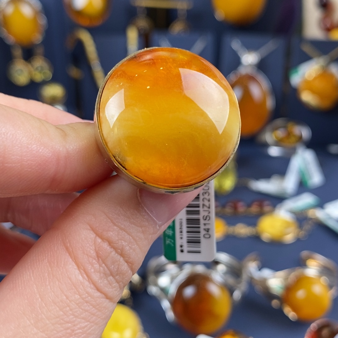 琥珀戒指银S925镀金镶嵌