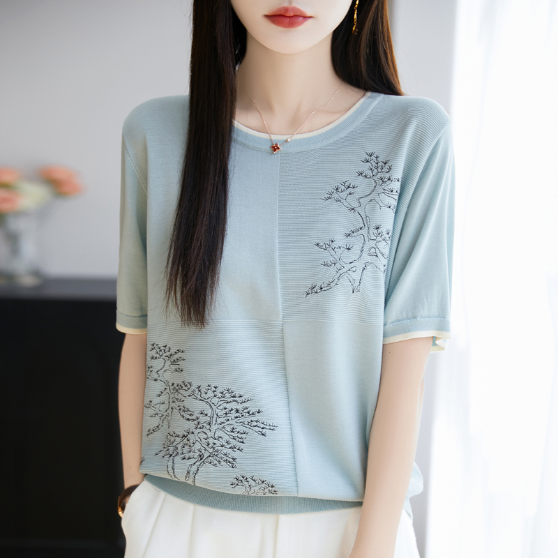 哥弟阿玛施正品国风莱赛尔天丝提花短袖t恤女夏季减龄宽松时尚