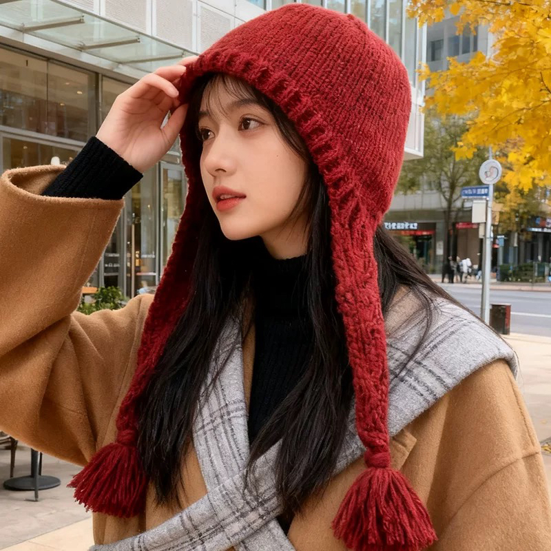 韩系甜美纯色爱心针织护耳帽女秋冬复古时尚保暖编织流苏套头帽子