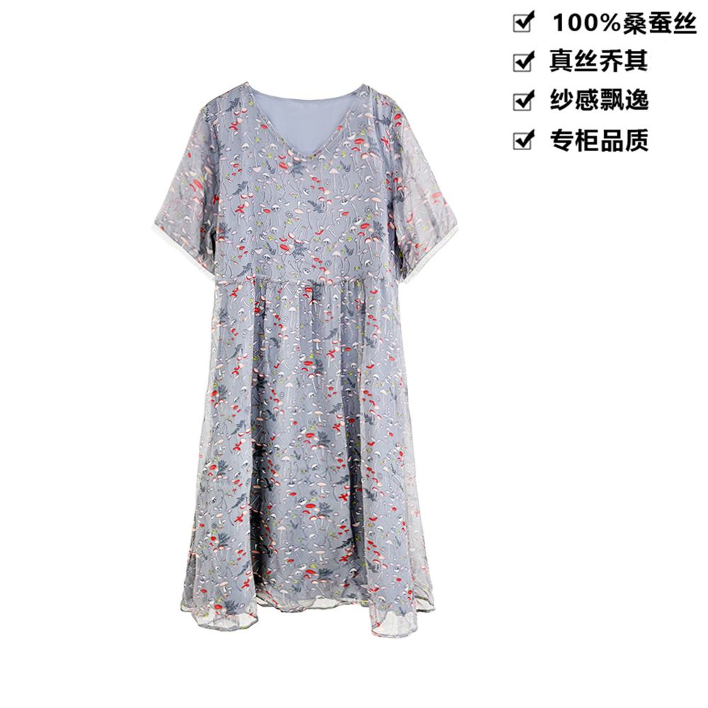 100桑蚕丝连衣裙真丝连衣裙减龄蘑菇印花显瘦蚕丝连衣裙LYQA58