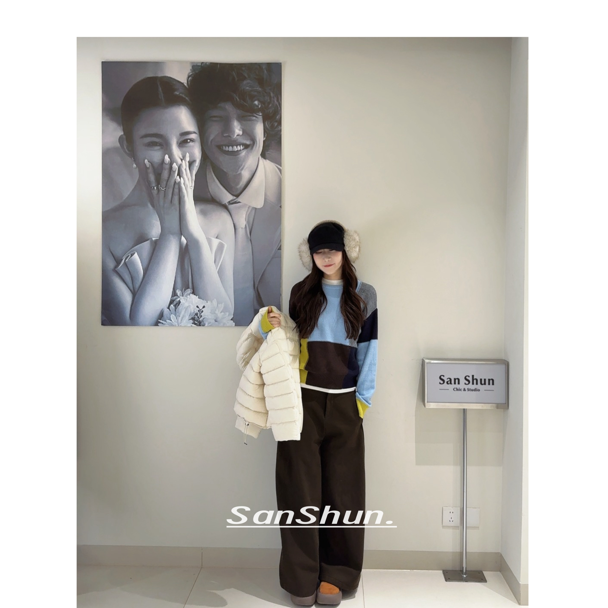 Sanshun-（冬季调色板)-新款拼色长袖百搭套头上衣宽松秋冬
