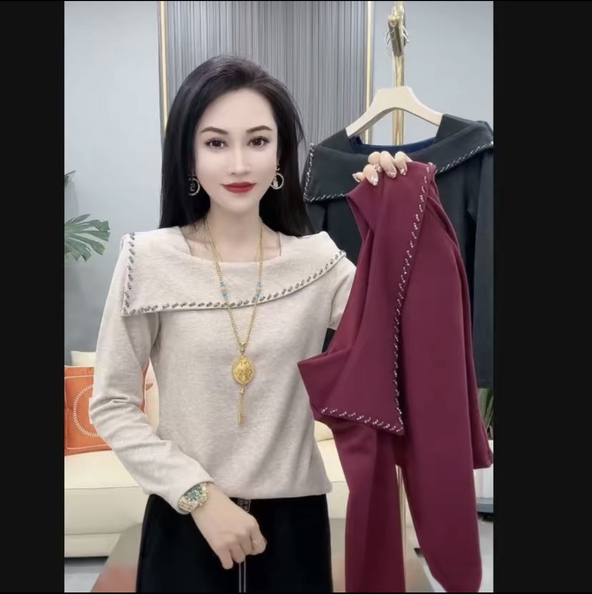 秋新款时尚极简风长袖拼接打底衫抗皱T恤宽松女一字领洋气