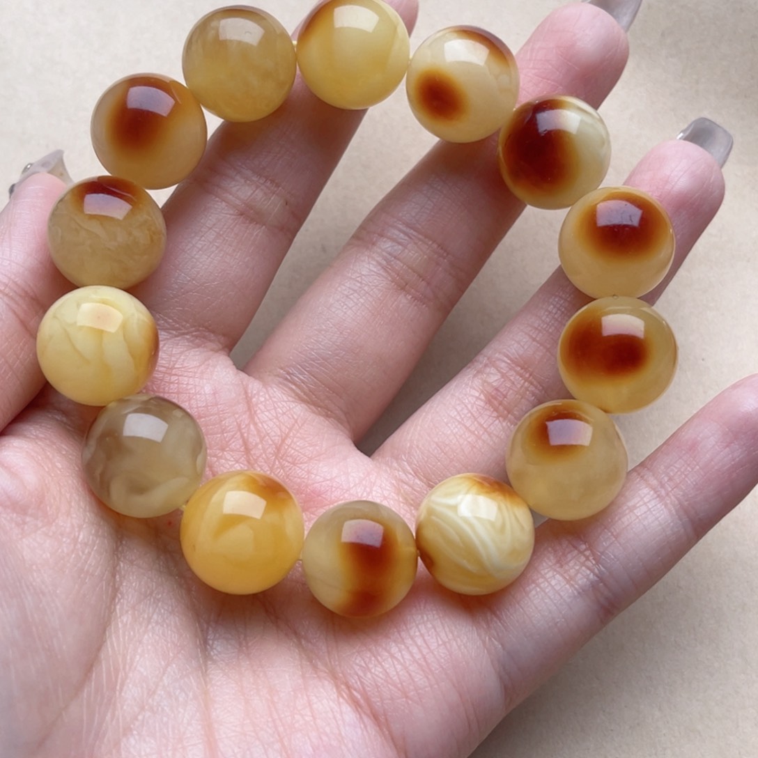 蜜蜡裸石未镶嵌欣欣蜜蜡圆珠沁色手串