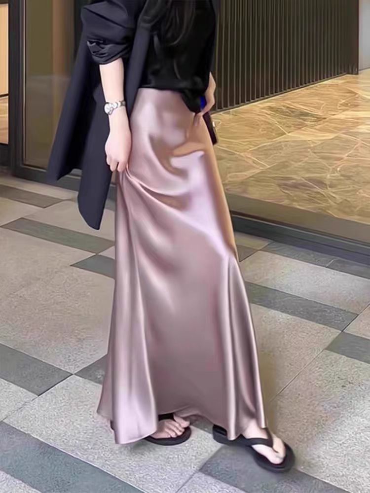 （四季可穿）百搭珠光缎面裙女2025高级气质修身裙高腰半身裙