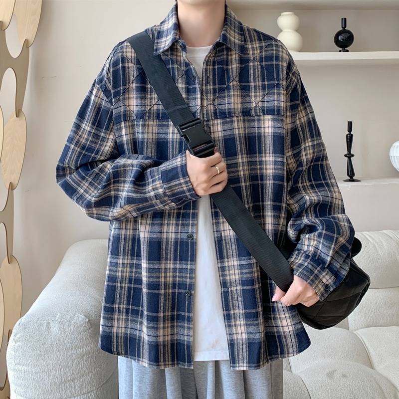 春秋季新款港风衬衫男士大码学生格子衬衫休闲ins帅气长袖外套