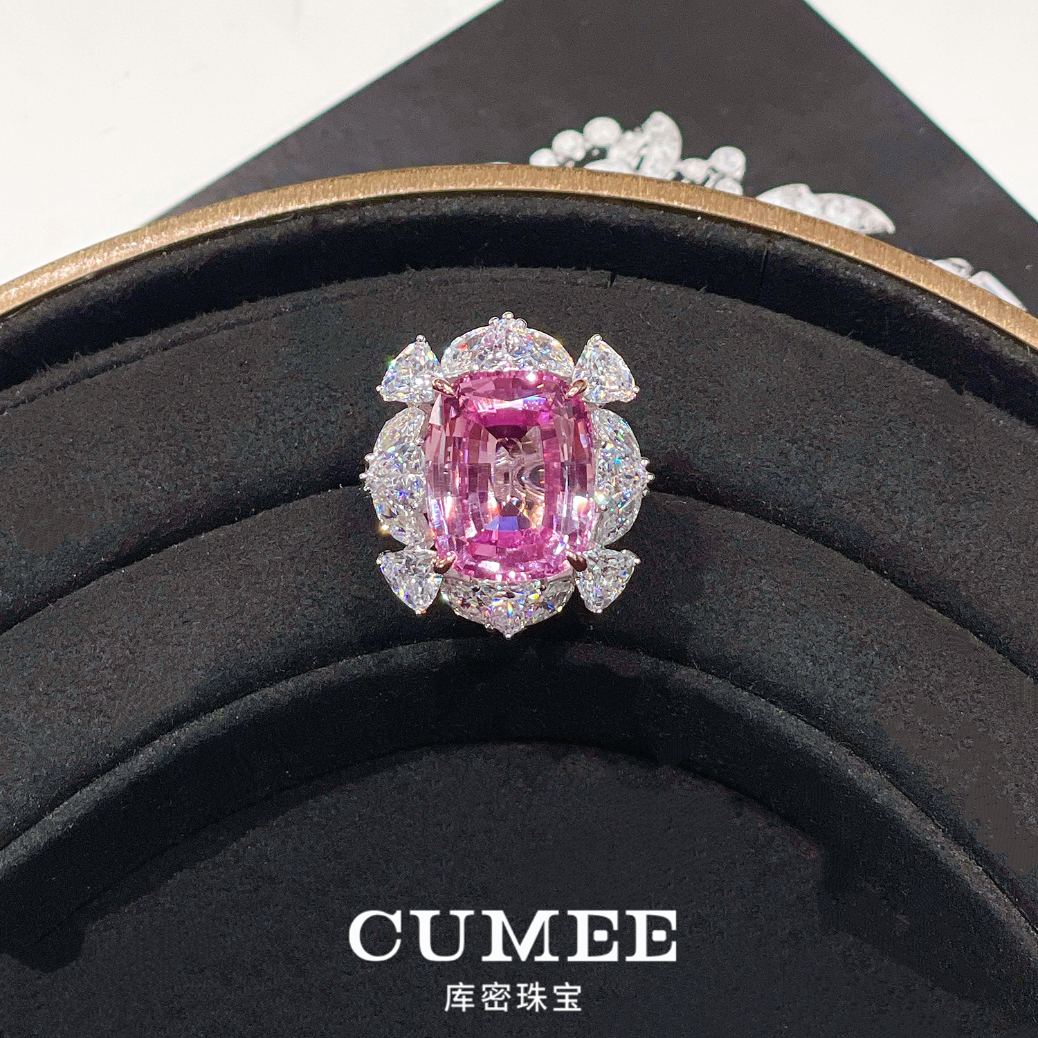 925银戒指 CUMEE 奢华高定晚宴女戒指 大克拉樱花粉合成宝石戒指.