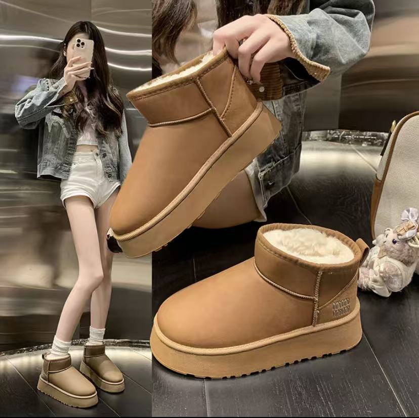 冬季新款皮面雪地靴女百搭加绒加厚增高保暖防水防滑短筒棉鞋