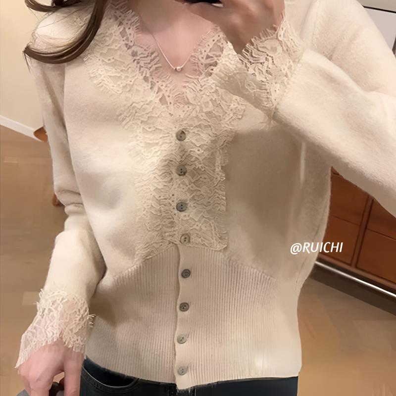慵懒风2025秋季新款V领拼接蕾丝百搭毛衣外套针织开衫上衣女洋气