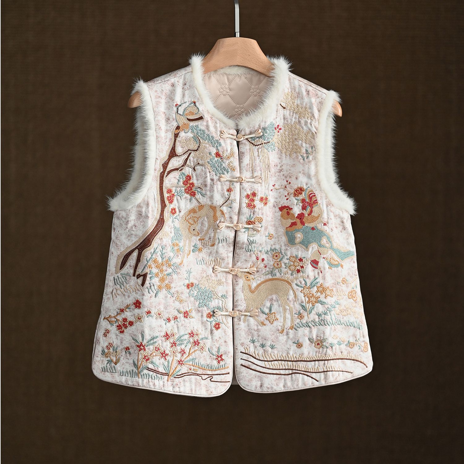 高级感国风马甲夹棉加厚拼接毛毛外穿印花对襟盘扣唐装马夹新中式