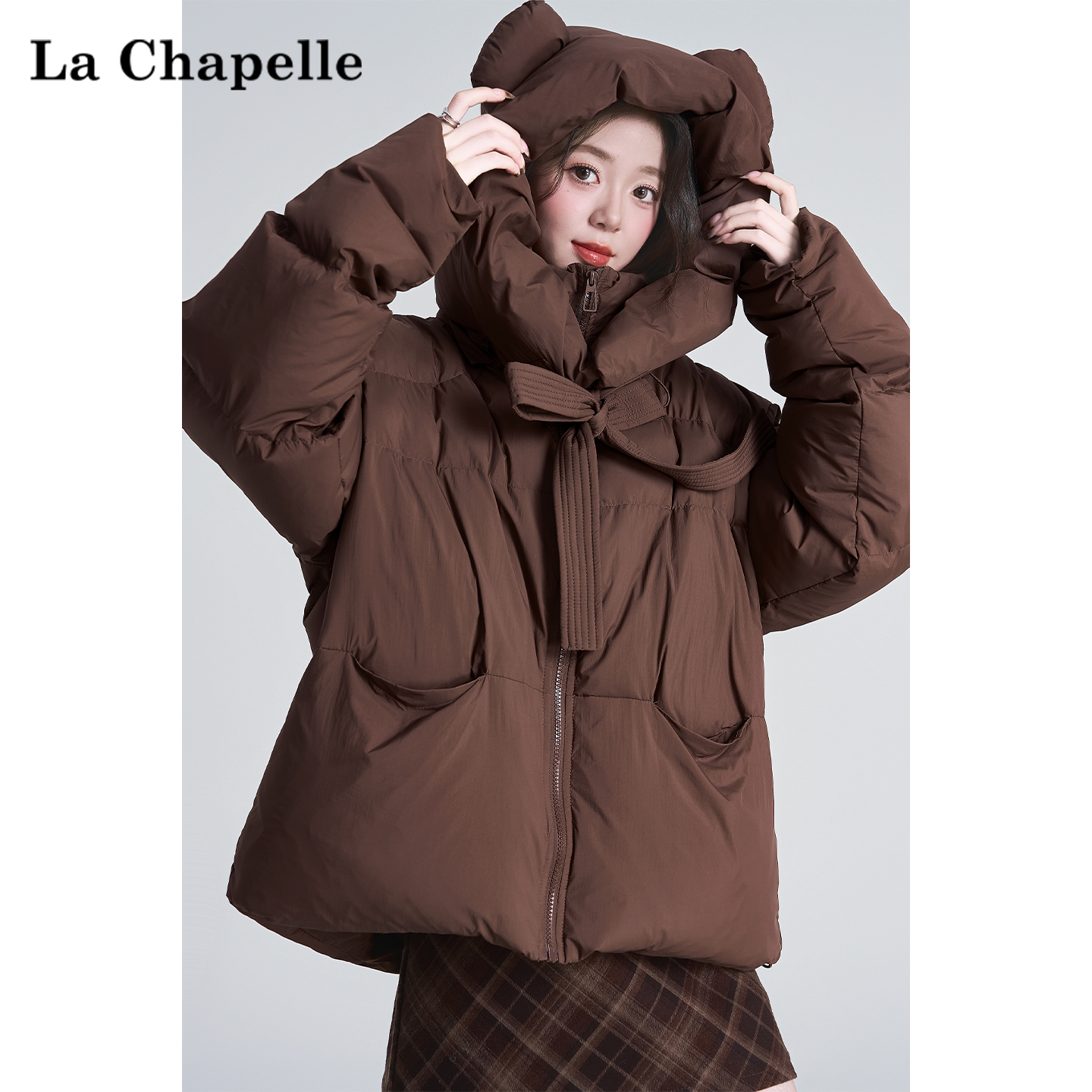 拉夏贝尔小熊耳朵连帽立领外套女2025冬季加厚保暖棉衣面包服棉服