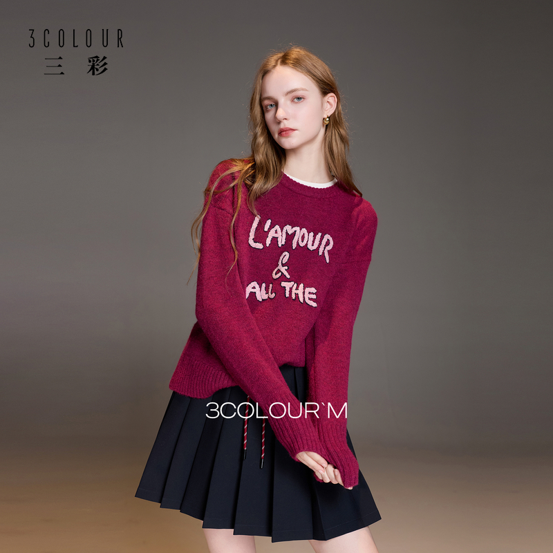 【绵羊毛】三彩2025秋冬季新款圆领字母绣花针织衫宽松套头衫女M