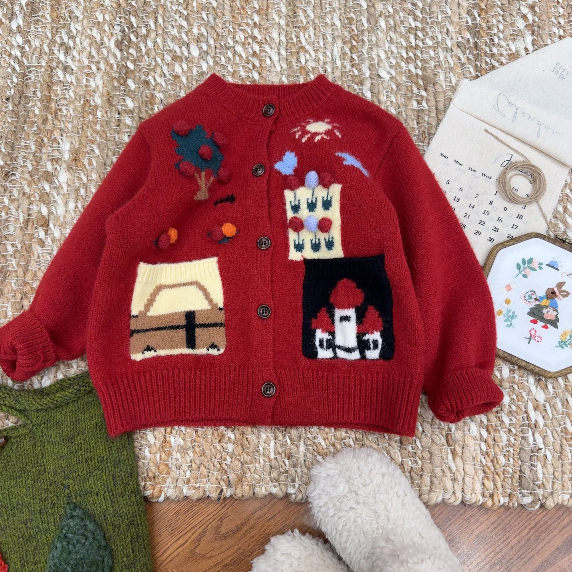 年款高货毛衣 男女宝宝圆领针织外套秋冬洋气拜年红色上衣