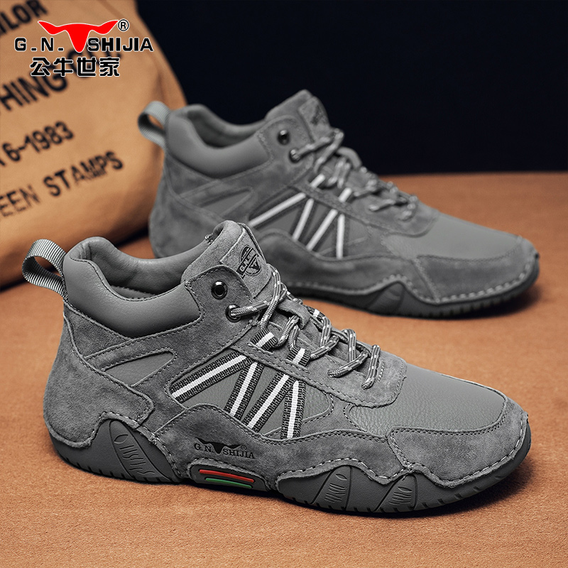 公牛世家男鞋秋季徒步登山户外工装鞋中帮休闲皮鞋英伦真皮马丁靴