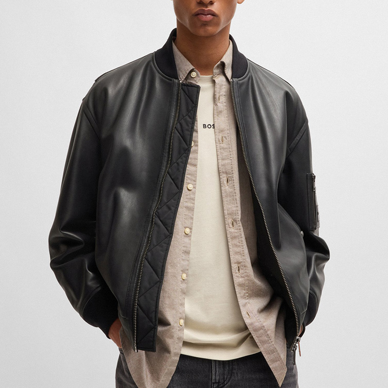 HugoBoss/雨果博斯男士秋冬新款立领拉链皮衣时尚休闲外套全新