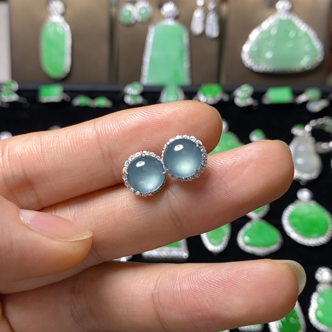 翡翠耳饰银S925镶嵌天然翡翠