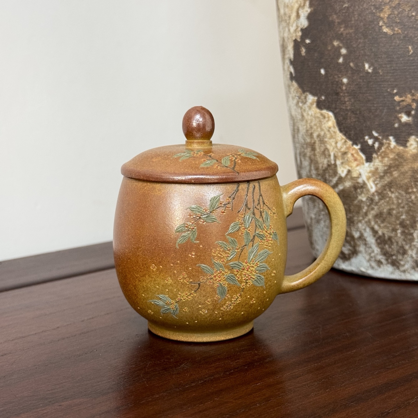 宜兴黄文静紫砂杯堆绘桂花盖杯黄金段柴烧喝茶杯办公室家用杯170c