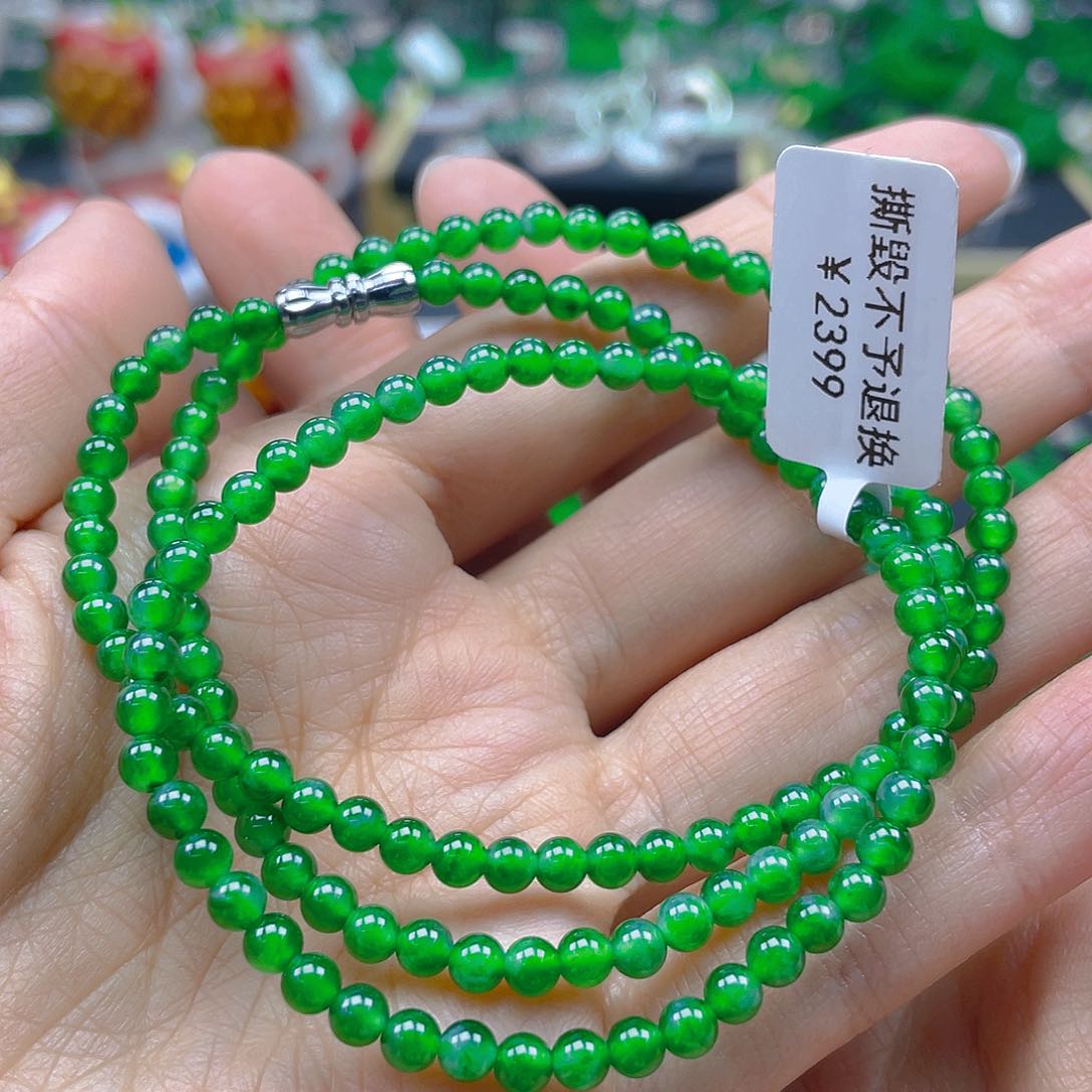 翡翠颈饰未镶嵌天然A货翡翠珠串卡4飘花