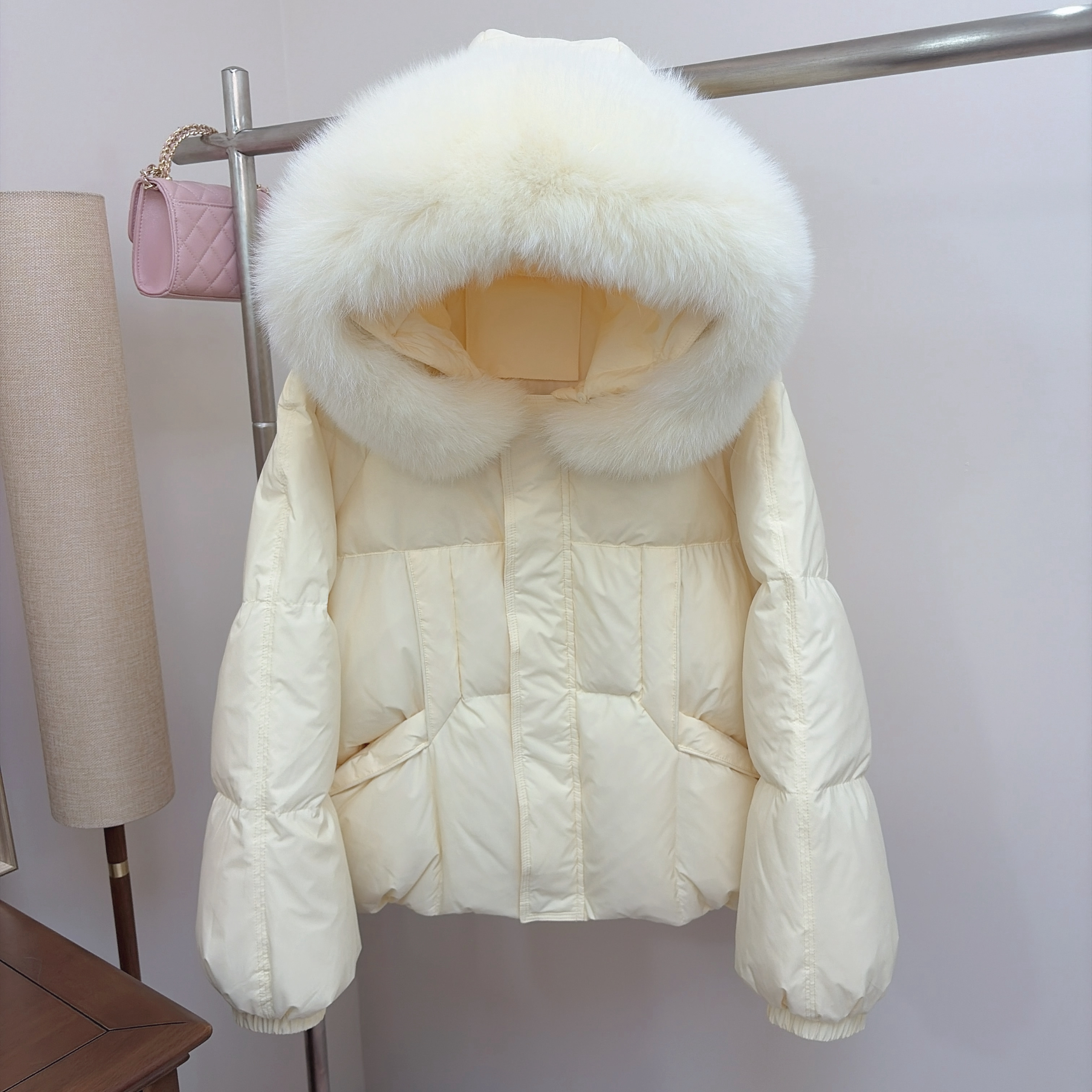 【暖洋洋】短款90白鸭绒羽绒服女款真狐狸毛领小个子微宽松加厚
