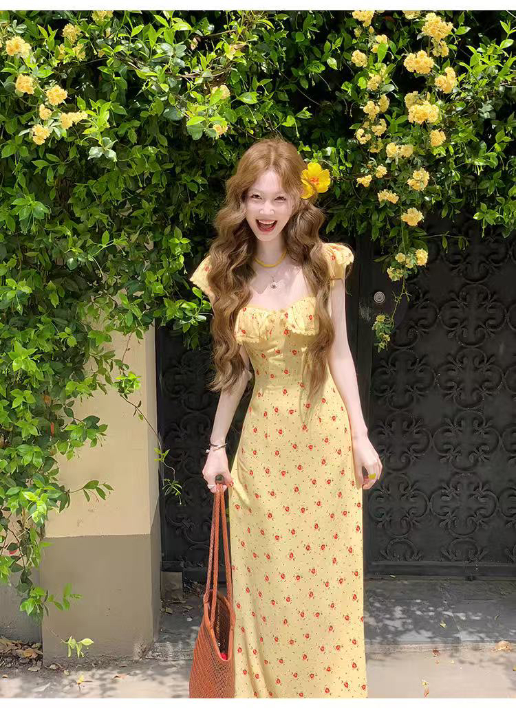 MS@6114 甜美花边碎花飞飞袖显瘦连衣长裙 7-6