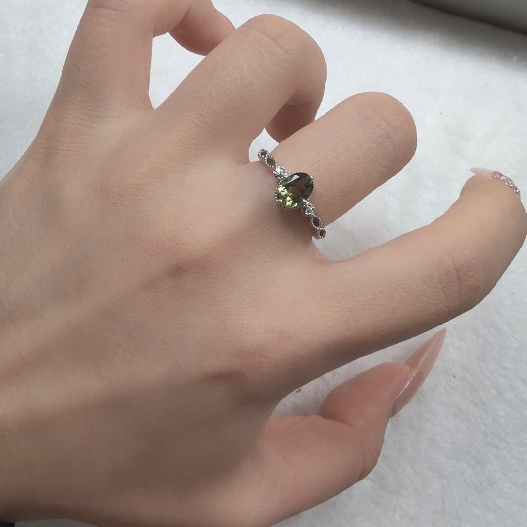 戒指银S925镶嵌碧玺简约款墨绿色