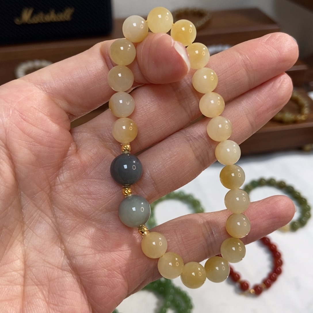 和田玉18K金镶嵌手链8mm糖白精品