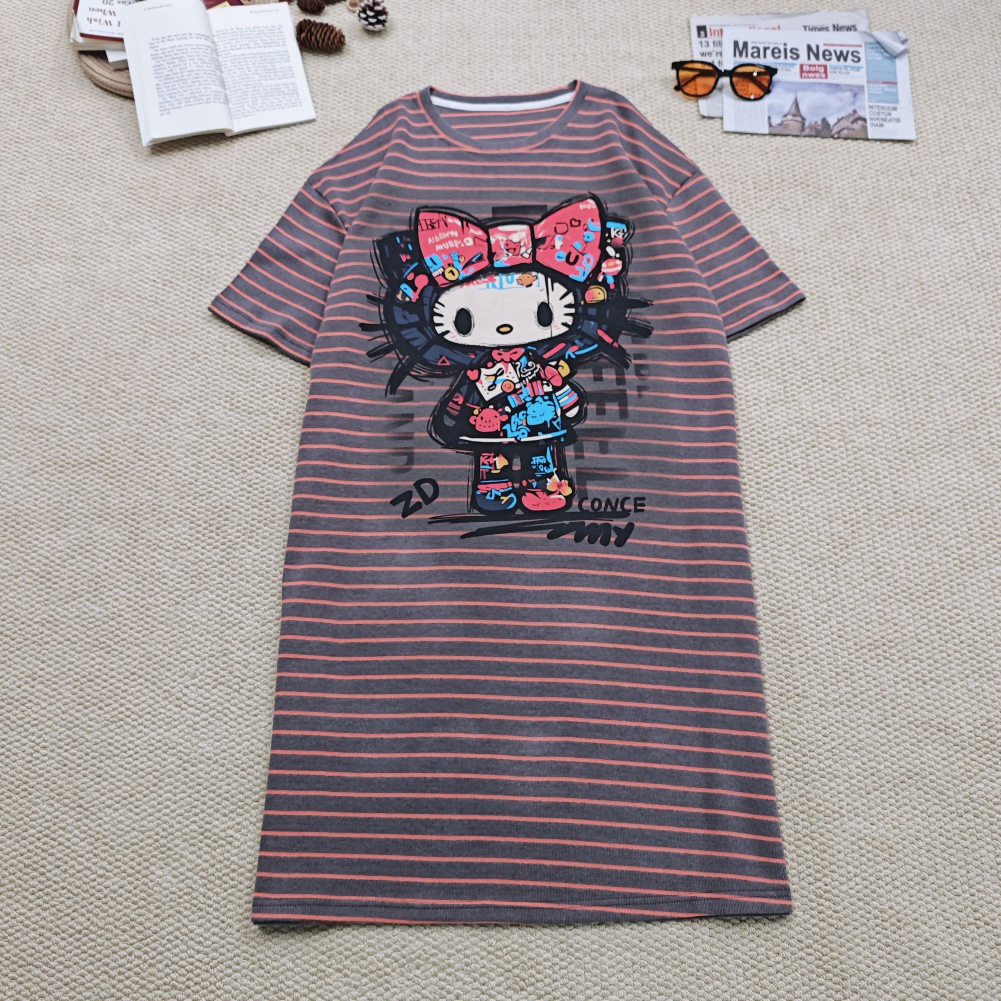 2025春夏新款休闲条纹卡通印花短袖裙连衣裙1032