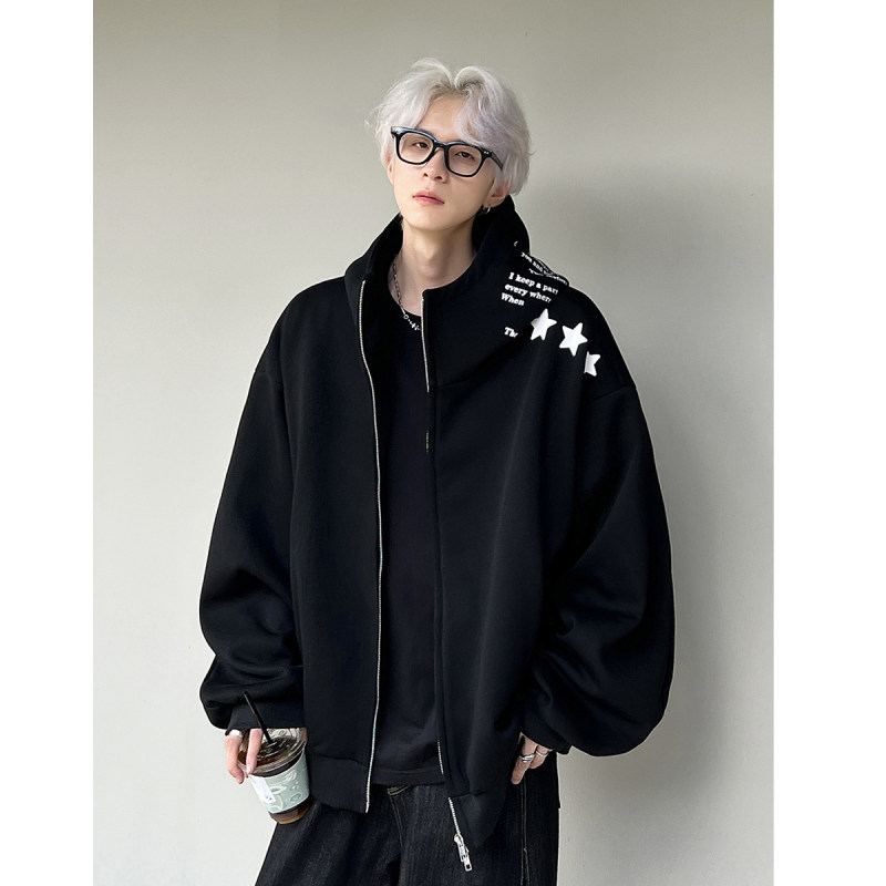 美式重磅430克字母星星印花连帽开衫卫衣男宽松情侣拉链帽衫外套