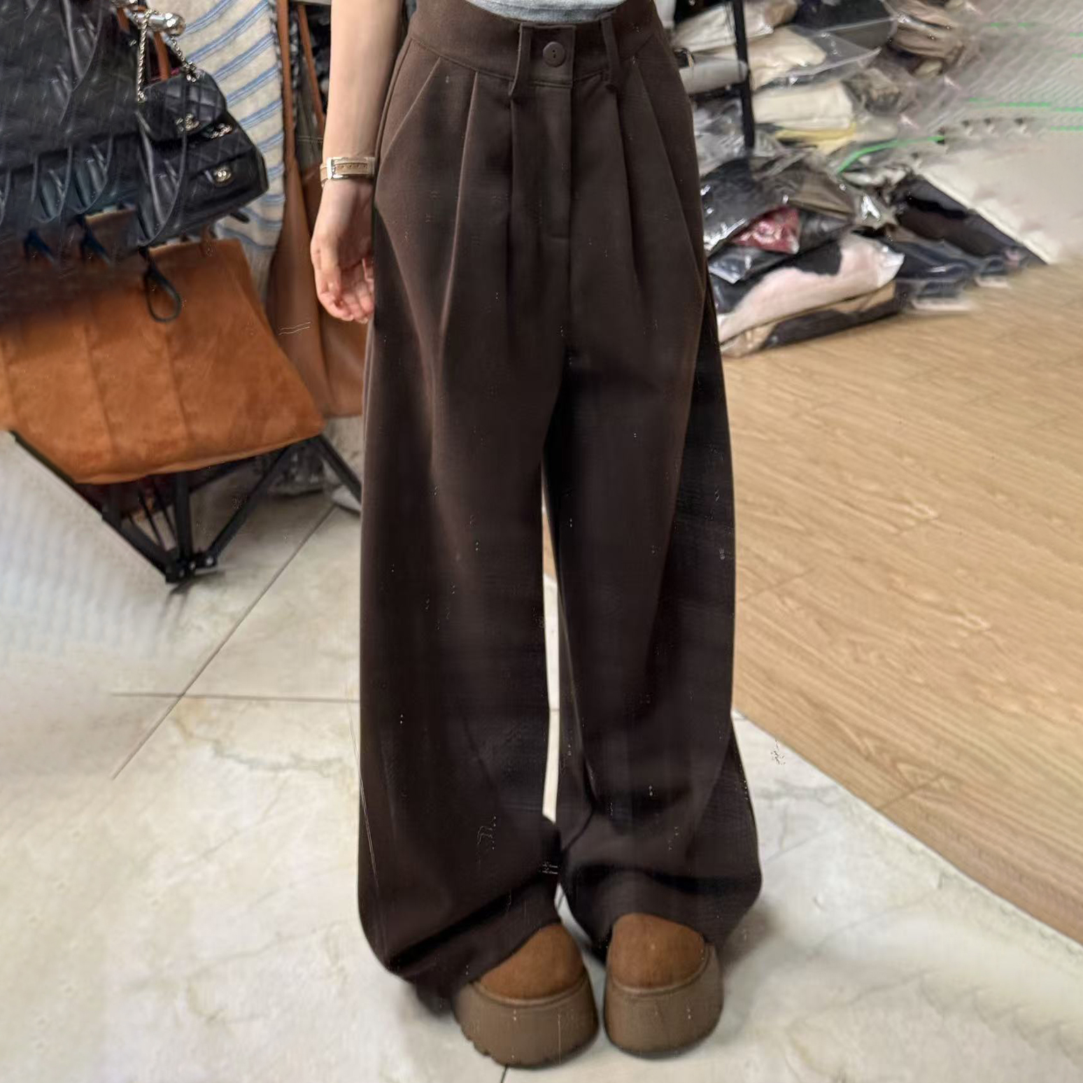 韩版毛呢阔腿裤女秋冬慵懒简约高腰百搭休闲裤宽松显瘦西装拖地裤