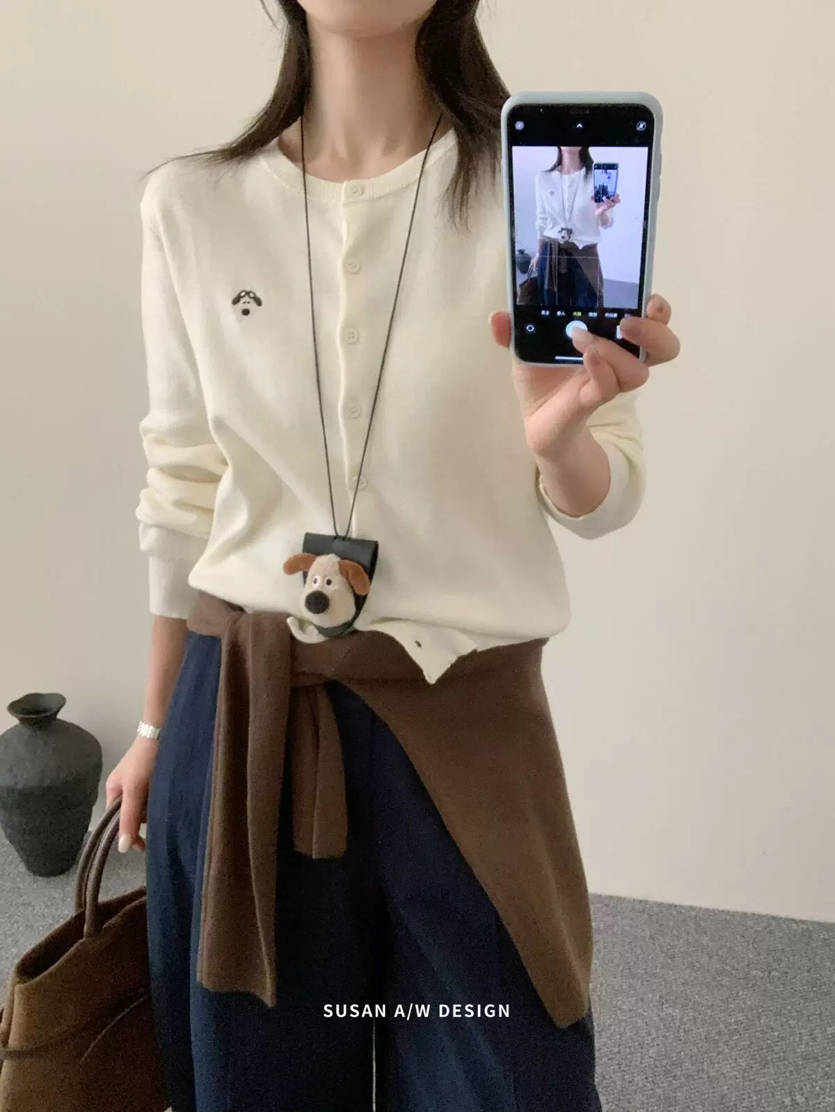 韩系卡通小狗刺绣针织开衫
