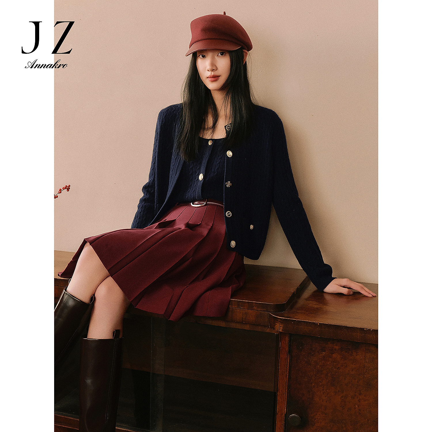 【王雪糕专属】玖姿安娜蔻KWFC20204安可拉红百褶伞裙半身裙女春