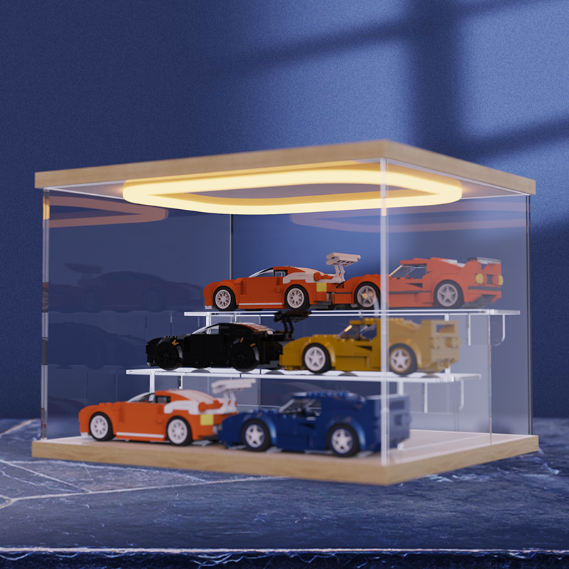 1:64比例小汽车模型架带灯光玩具车模展示柜亚克力防尘陈列收纳盒