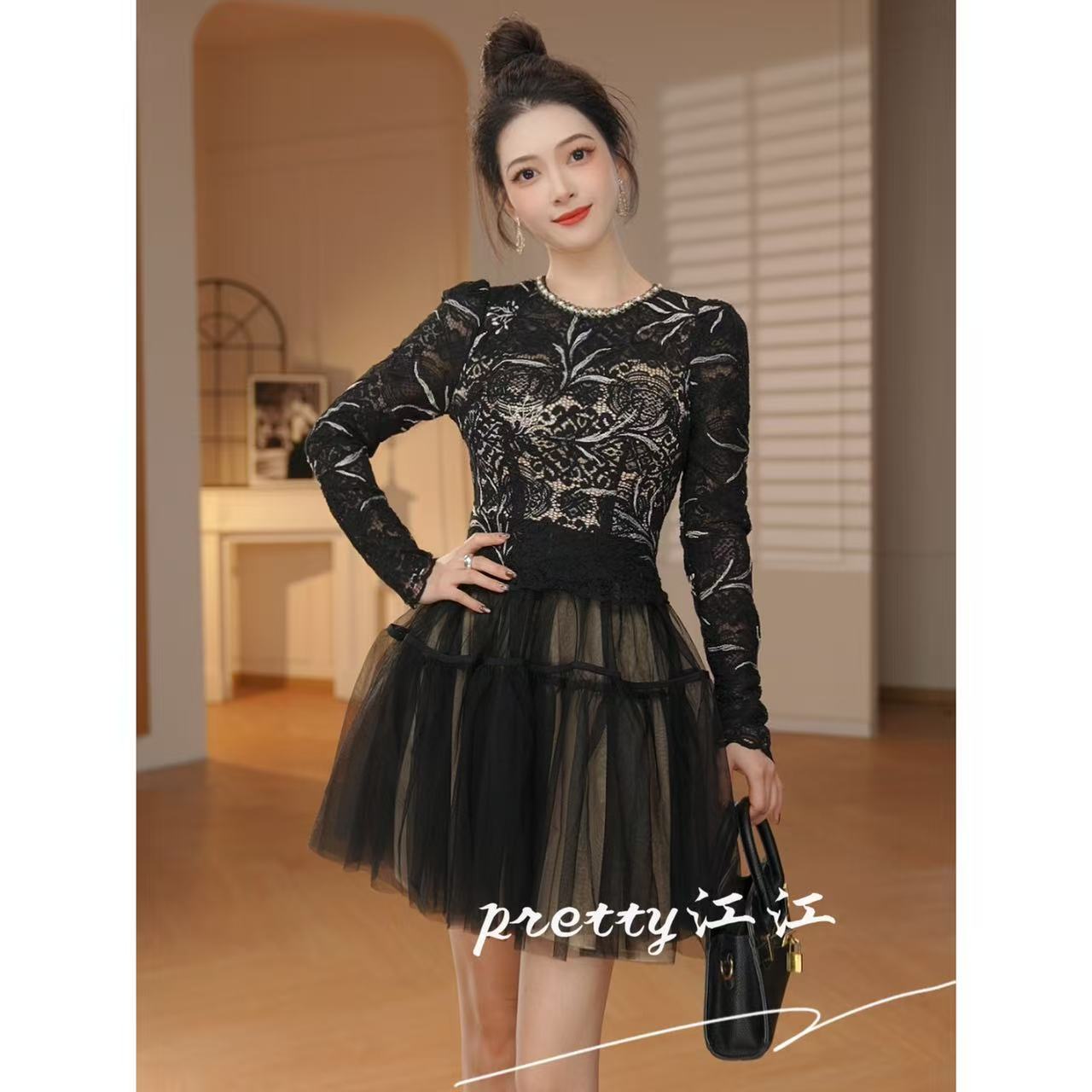 Pretty小众设计师品牌江江定制 性感蕾丝拼接复古名媛连衣裙21930