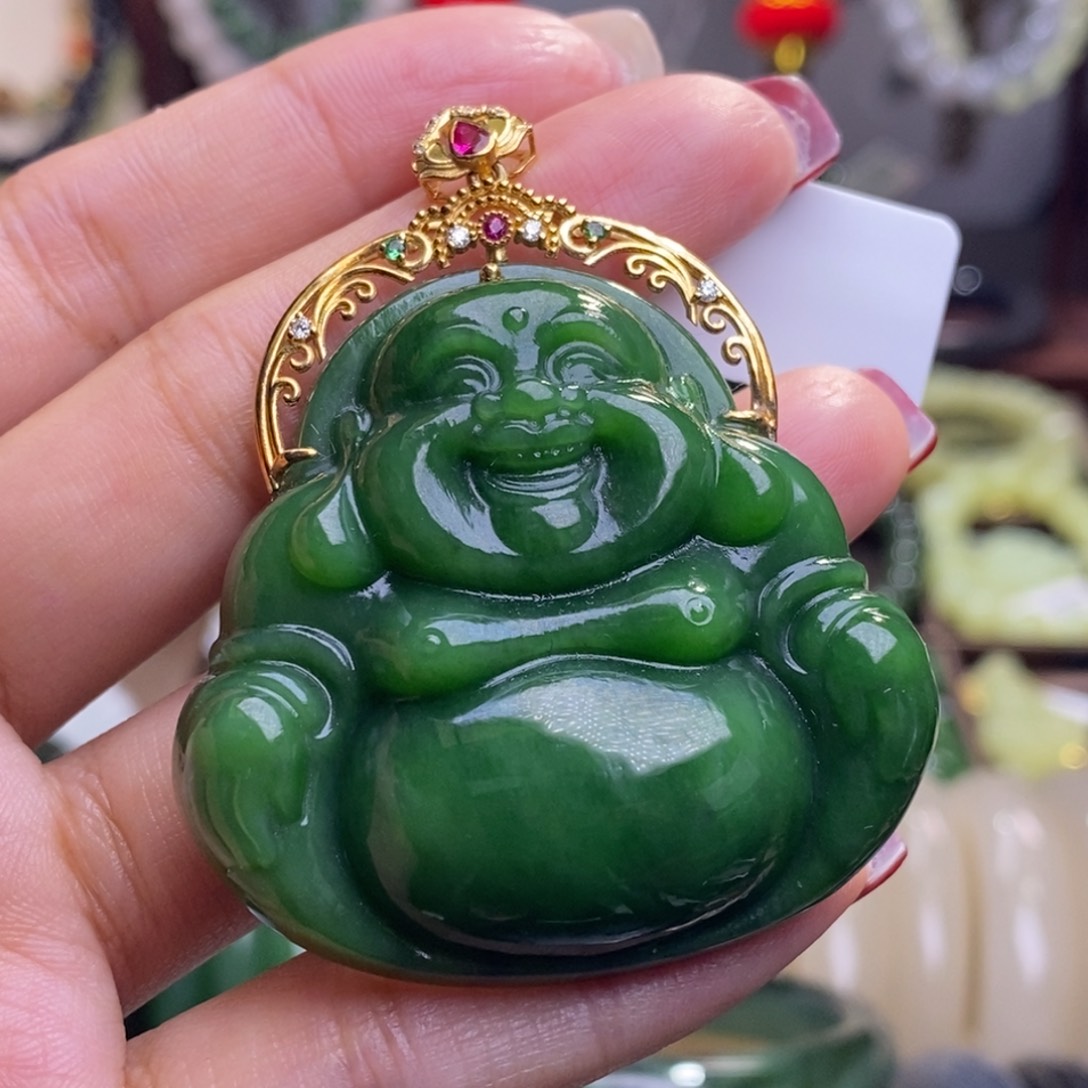 和田玉孤品补贴俄7老矿料碧玉金镶佛公未镶嵌