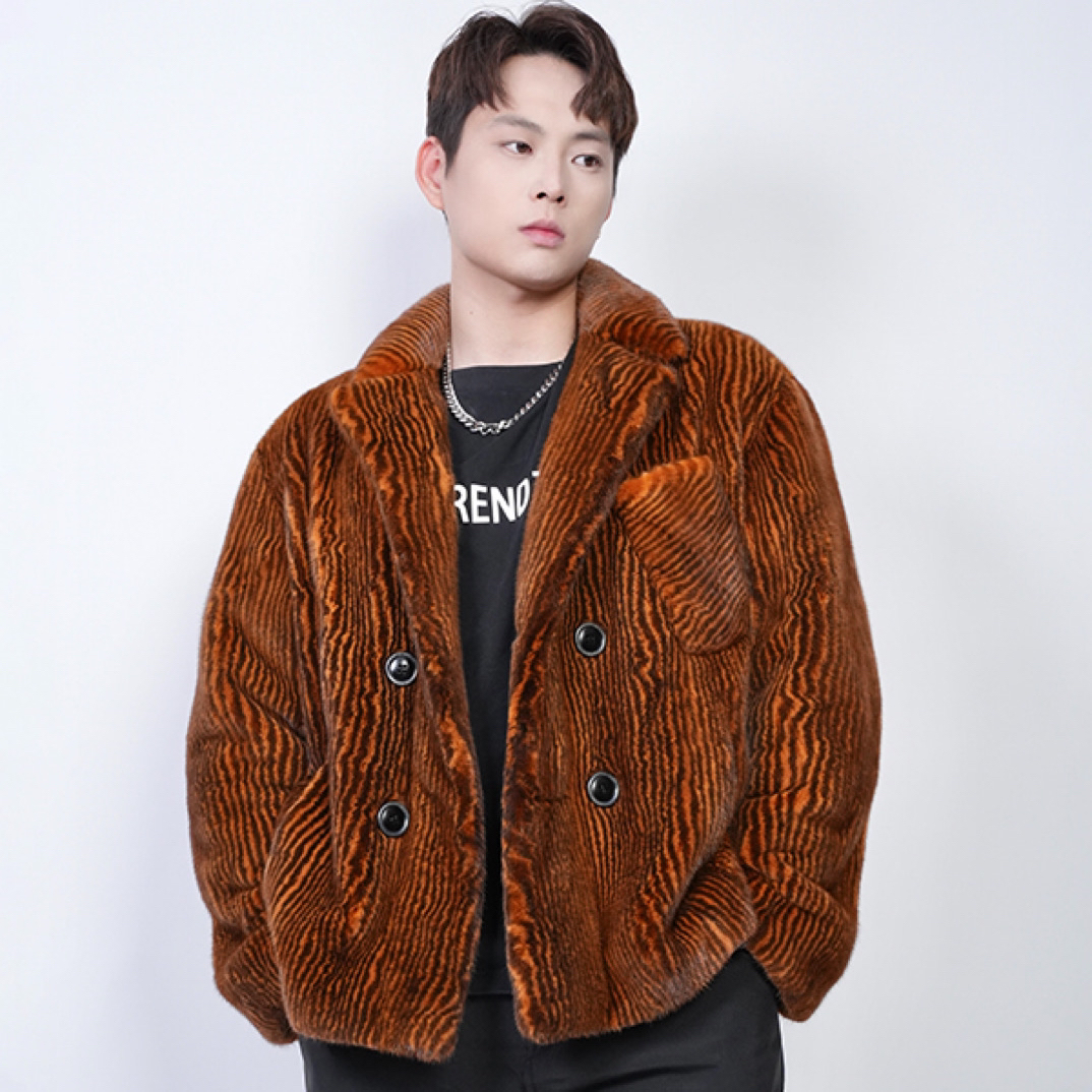 【森源】炫彩黄休闲潮流西装领进口丹麦紫金短二小母貂男装水貂外套