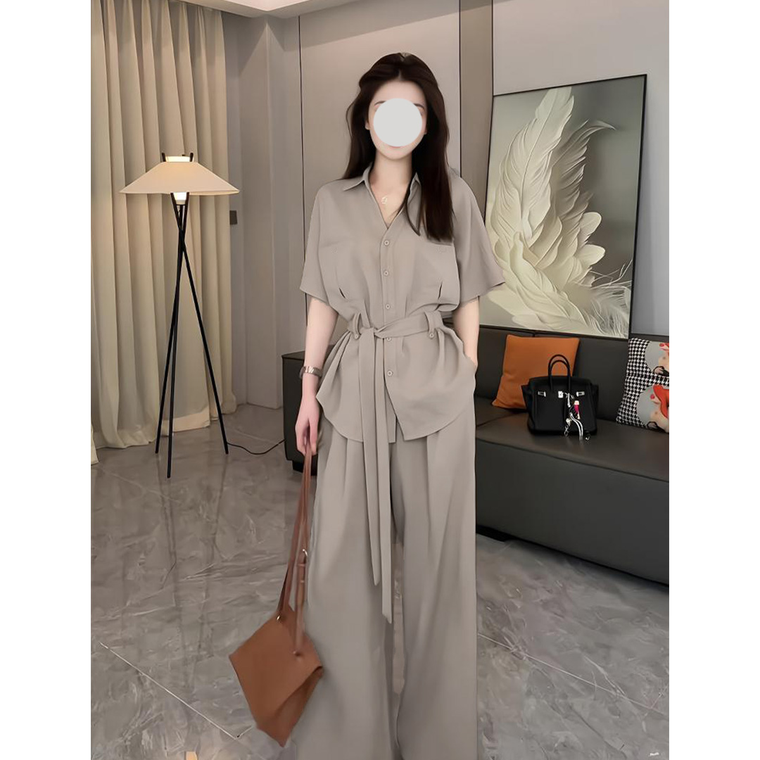 大方得体穿搭一整套装女夏季轻熟风宽松短袖衬衫阔腿裤休闲两件套
